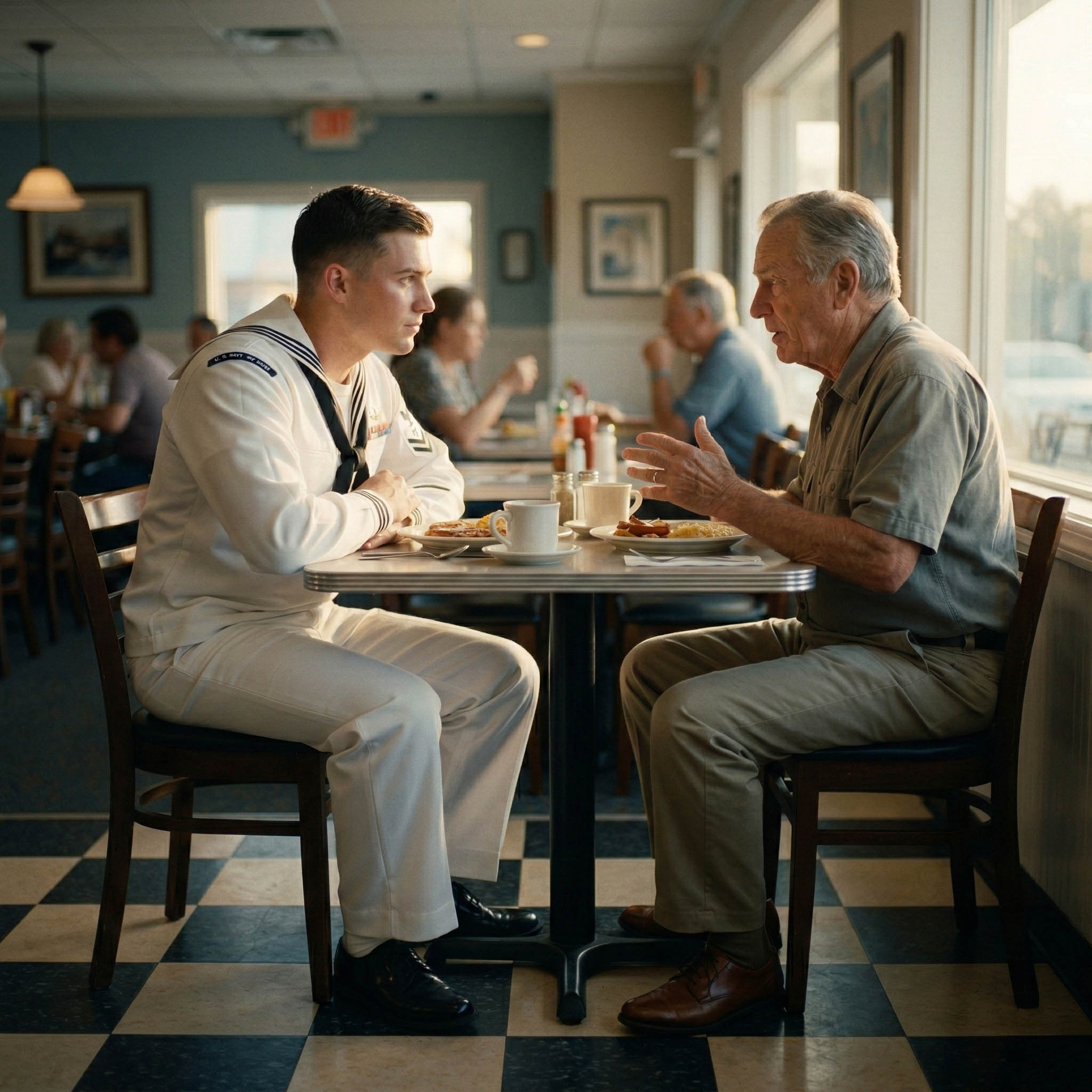 Two veterans in conversation outdoors.